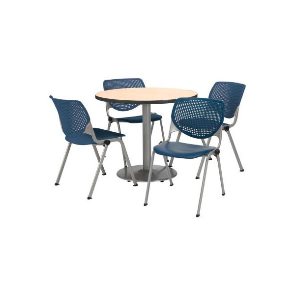 42" Round Dining Table & Chair Set, Natural Table With Navy Plastic Chairs